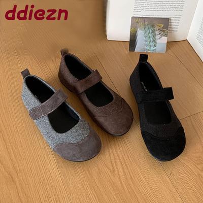 Мода Мода Застежка-липучка Женские балетки Слипоны Мягкая женская обувь с мелким подъемом Круглый носок Женские туфли-мэри джейн на плоской подошве