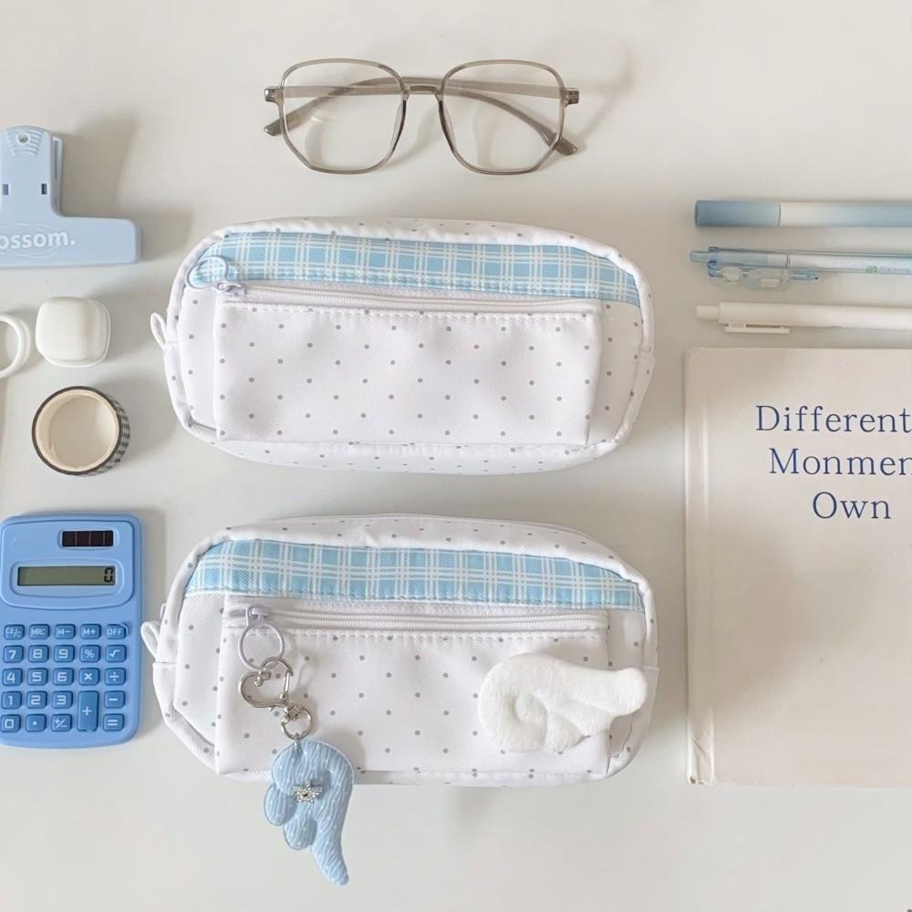 Grids Wings Dots Pencil Case Y2k Cloth Stationery Bag Korean Style Pen Bag Stationery Holder