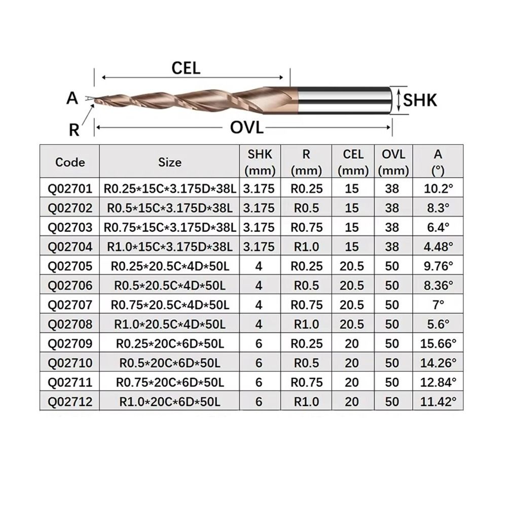 Solid Carbide Tapered Ball Nose End Mill Spiral Engraving Router Bits CNC Carving Bit Woodworking