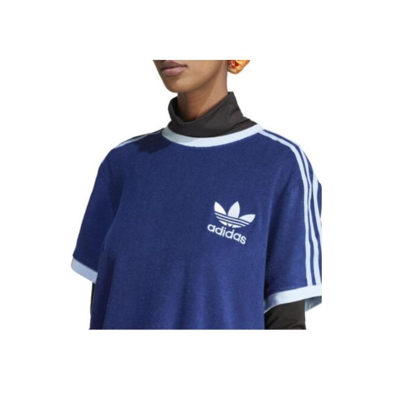 adidas Оригинальная однотонная футболка с круглым вырезом и тремя полосками с короткими рукавами, женские топы, синий IR7465