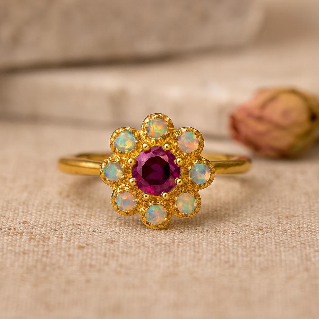 Свадьба Помолвка Юбилей Обещание Подарок – Кольцо с Красным Рубином и Белым Опалом, Ручная работа Арт Деко Камень-самоцвет Июльский Камень-самоцвет Свадебные украшения