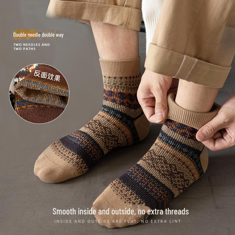 Мужские хлопковые носки средней длины в этническом стиле — толстые, двухспальные, идеально подходят для осени и зимы