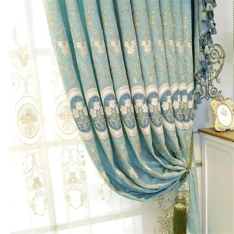 Европейские роскошные шторы из шенилла для гостиной, спальни, синие, розовые, с вышивкой, индивидуальный элегантный комплект из кружевного тюля