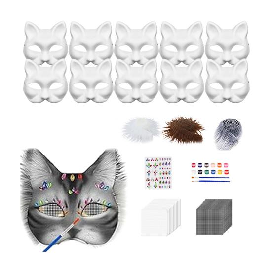 Yousheng DIY Therian Masque Kit Blank Hand Painted Half Face Cat Fox Masque with Fur Eye Mesh And Felt Sheet for Halloween Carnival Masquerade Party