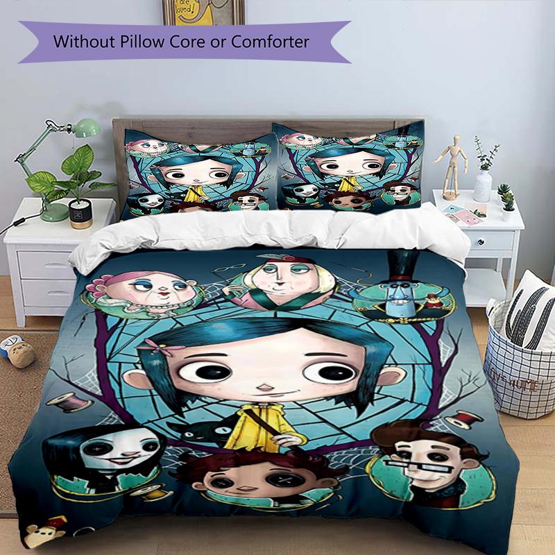 3pcs Coraline (2) Design Cover Set - HD Printed Bedding with 1 Cover and 2 Pillowcases - Perfect for Home and Dorm Decor
