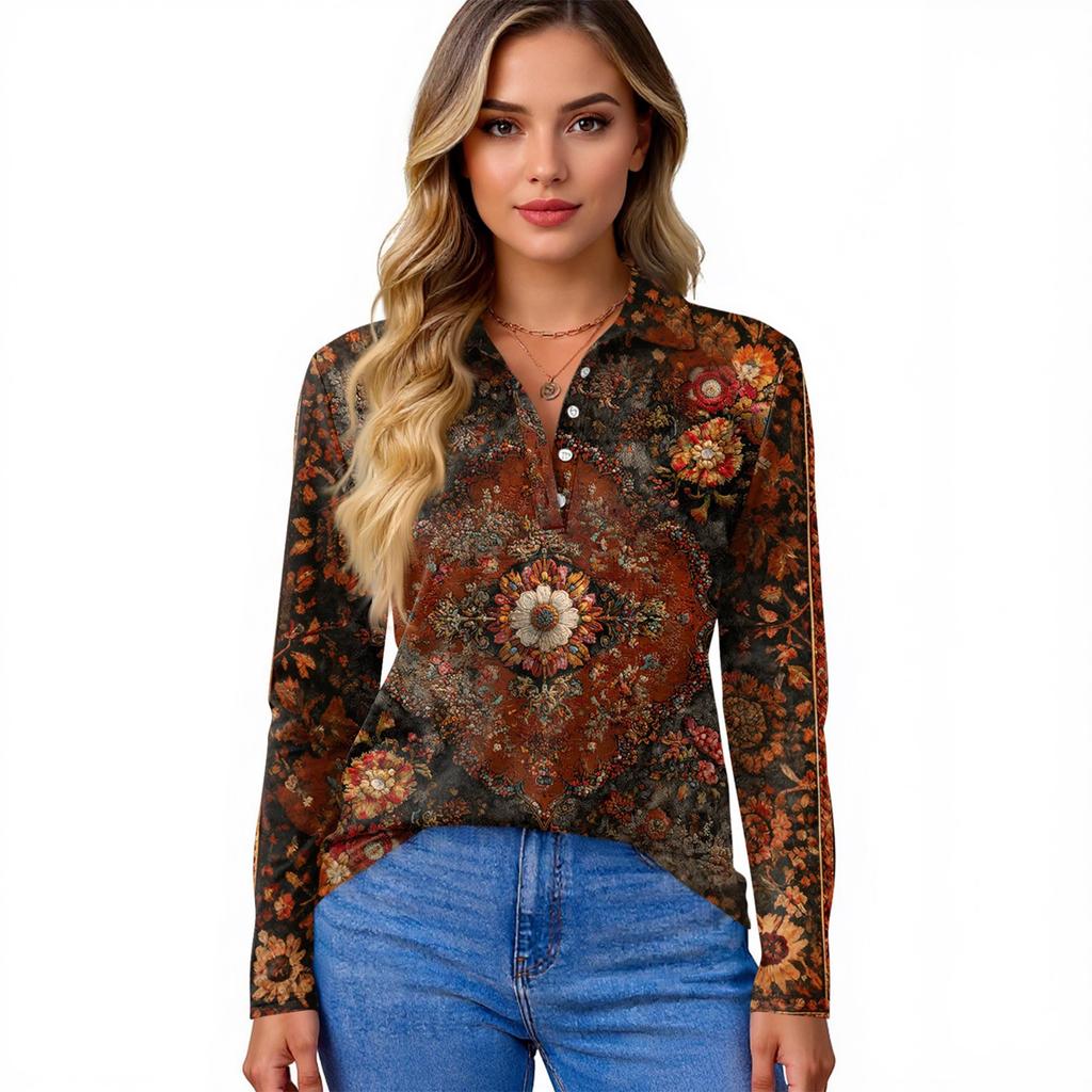 Women's Fashion Casual Lapel Short Long Sleeve Print Shirt Women's Button Up Tops