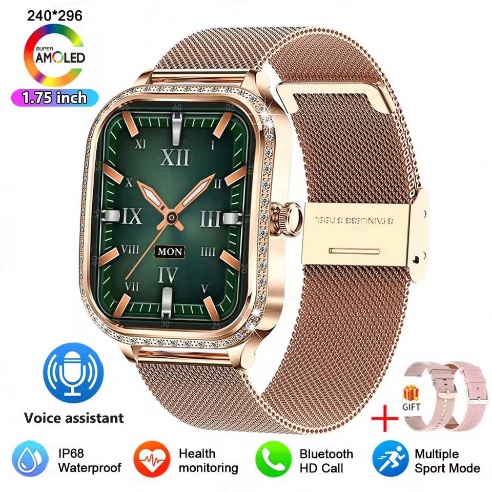 Новые модные женские умные часы с пульсометром 1,75 дюйма 240*296 HD экран часы с бриллиантами Bluetooth звонок водонепроницаемые умные часы для женщин