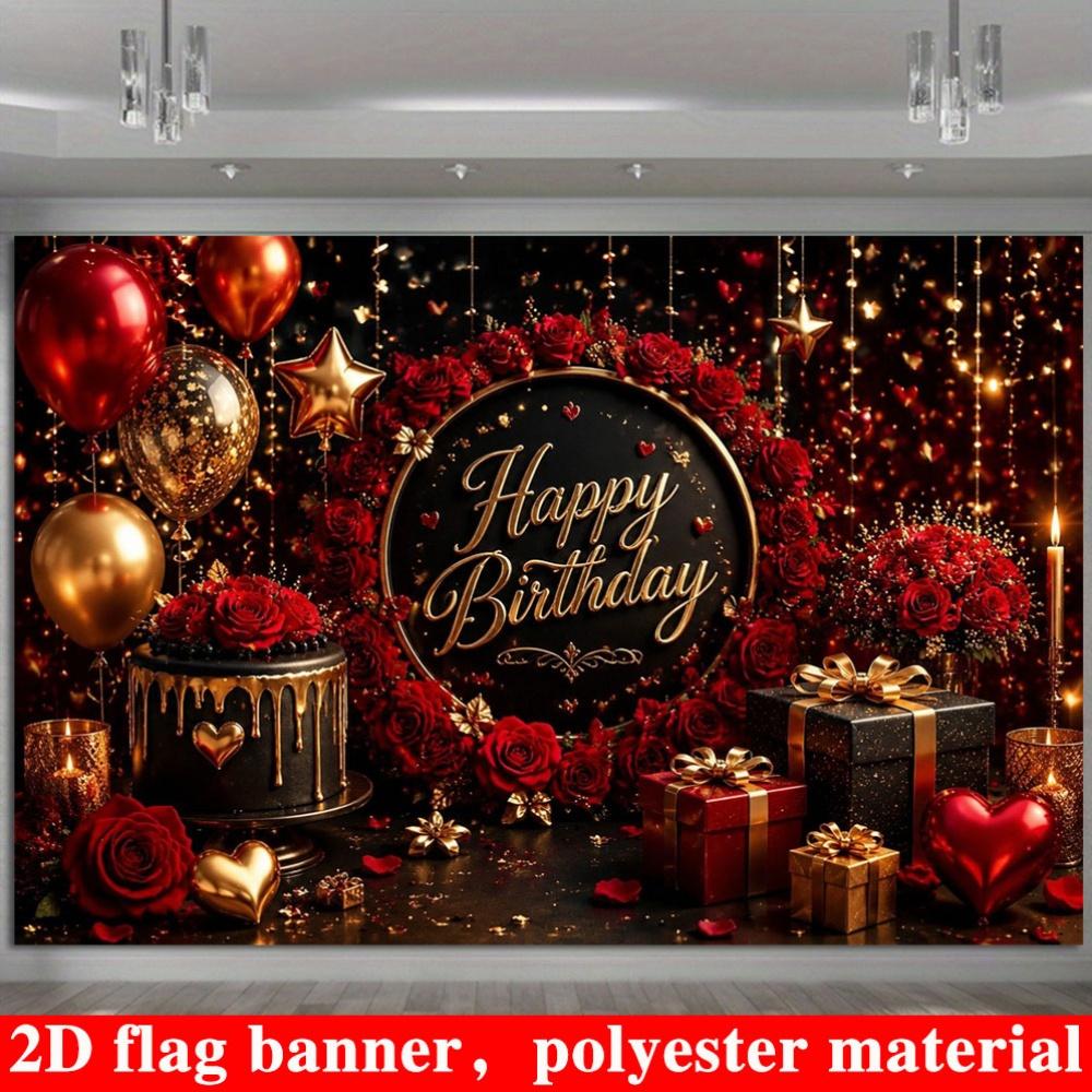 2D Flat Banner, Red Black Golden Birthday Backdrop, Red Roses, Hearts, Gift Boxes, Polyester