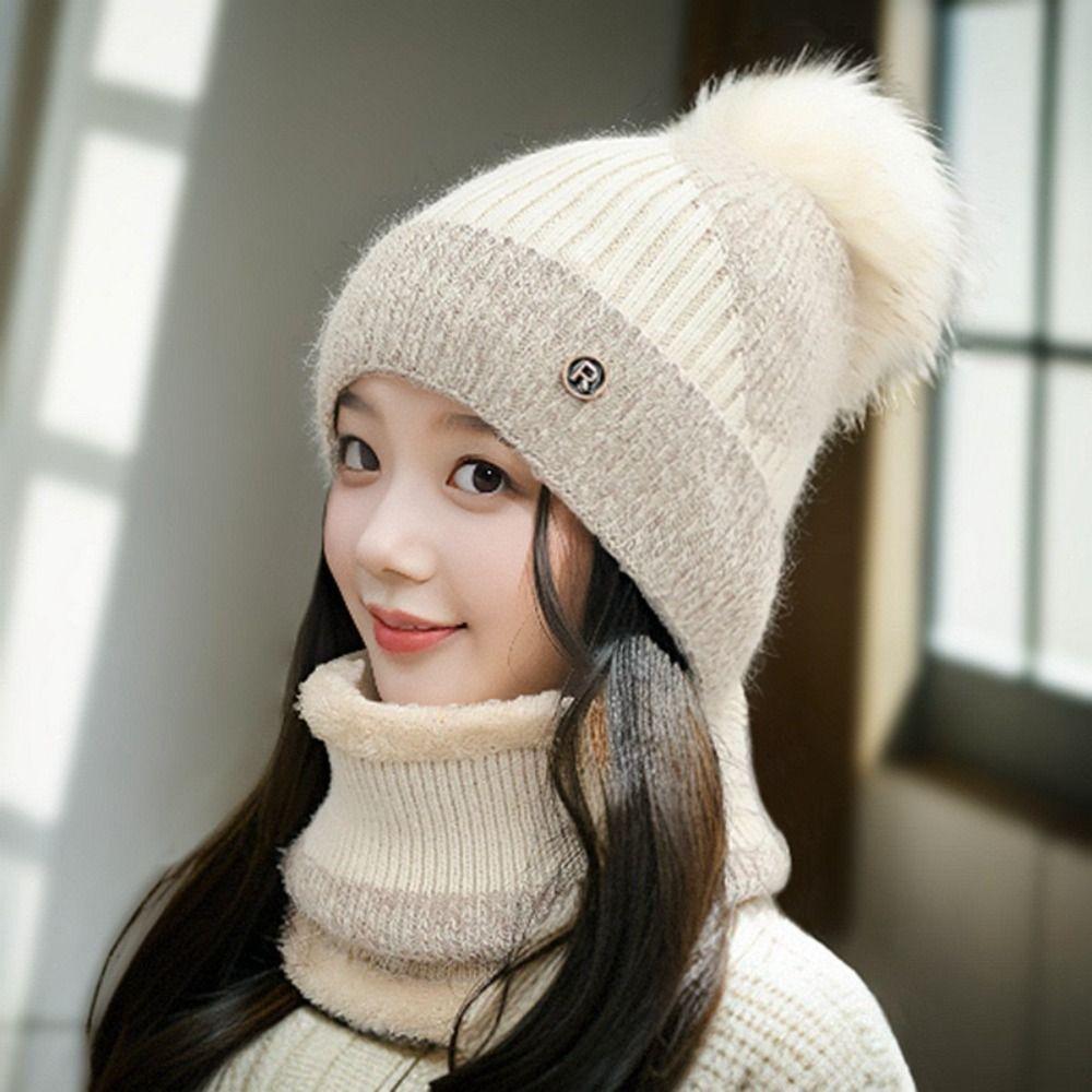 Contrast Color Winter Pullover Cap Plush Ball Beanie Hat Dome Hat Compact Scarf Gifts