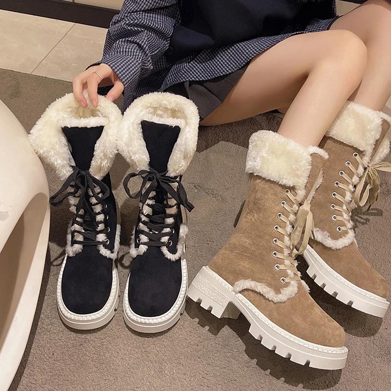 Женские замшевые сапоги на платформе до середины голени, меховые, со шнуровкой, на среднем каблуке, хлопковые туфли, тренд 2025 года, теплые, короткие, плюшевые, зимние ботинки для женщин