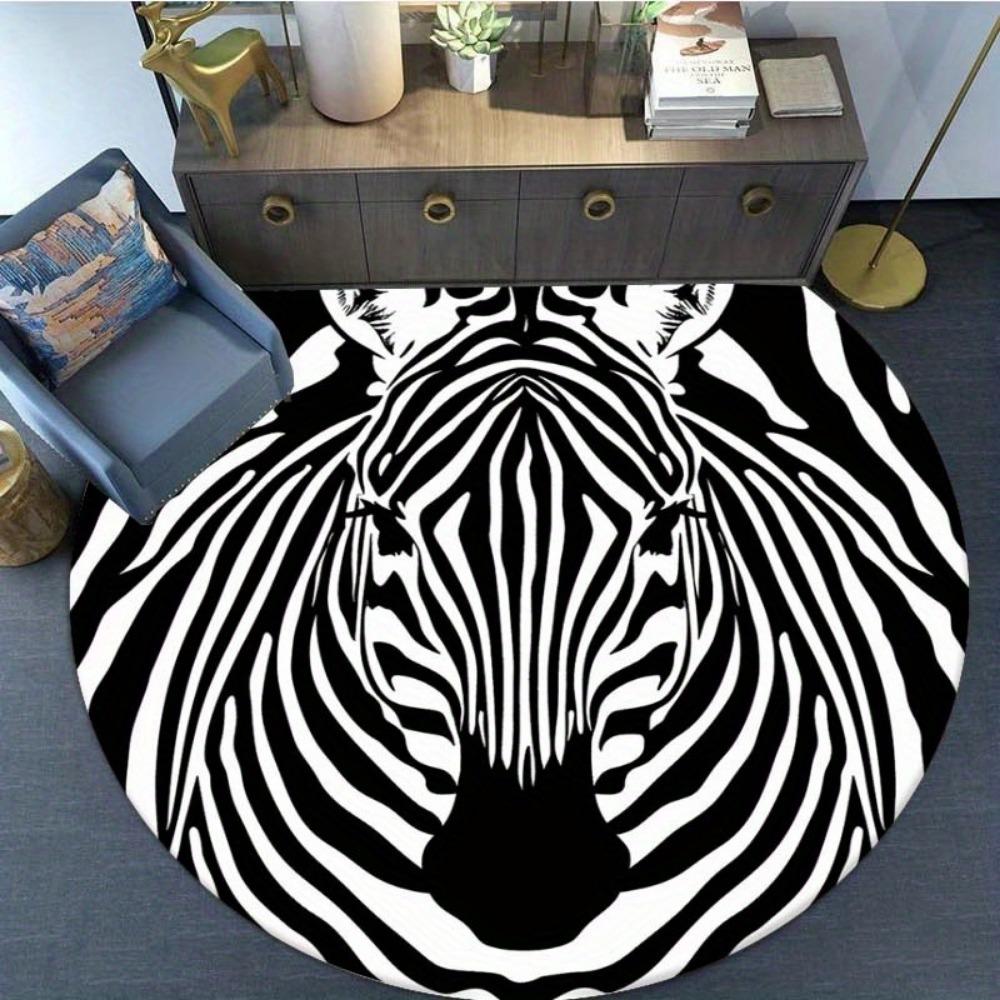 Black and White Zebra Pattern Round Area Rug, Non-Slip Floor Mat for Living Room Sofa Coffee Table, Bedroom Balcony Carpet