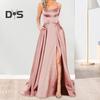 Evening Dress Spaghetti Strap High Slit Off Shoulder Backless Sleeveless Side Pockets A-line Floor Length Satin Pure Color Prom Banquet Party Maxi