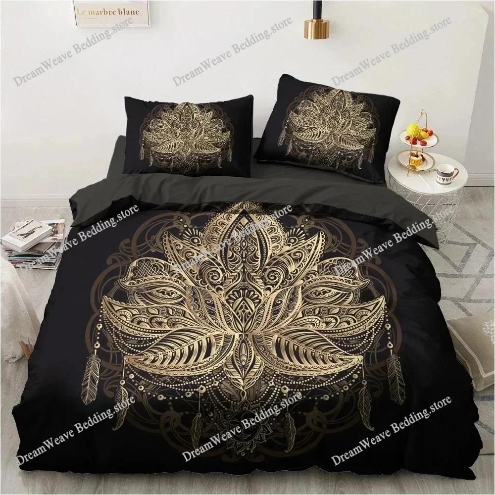 3D Printed  Black Bedding Set Pillowcase King Queen Full Single Bed Gold Design Duvet Cover Set for Teens Women Luxury Gift
