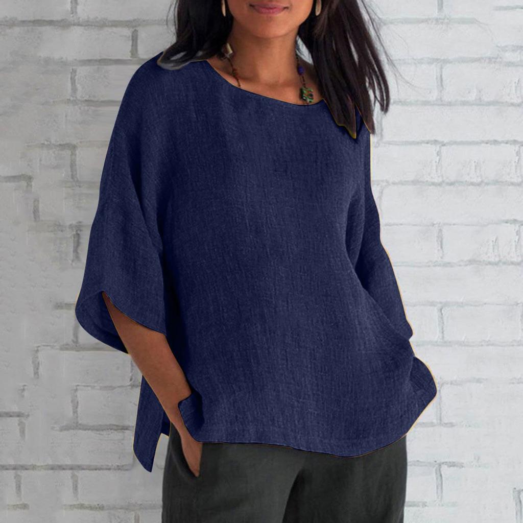 Women's Fashion Half Sleeve Round Neck Solid Colour Loose Casual Shirt Top