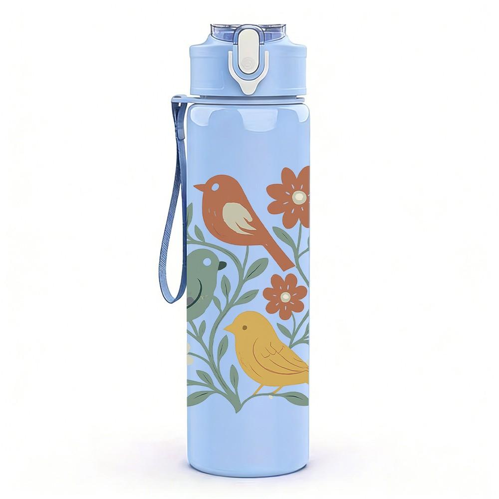 1PC Twin Floral Songbirds 750ml Color Plastic Sports Water Bottle Leakproof Flip Straw Lid Suitable for Sports Office Home Use