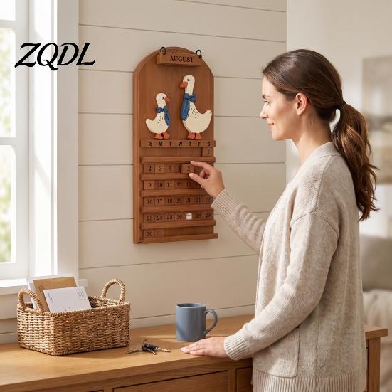Vintage Solid Wood Decor Wooden Goose Couple Perpetual Calendar, Reusable Month Date Blocks Farmhouse Wall Hanging for Home Office Art Decoration