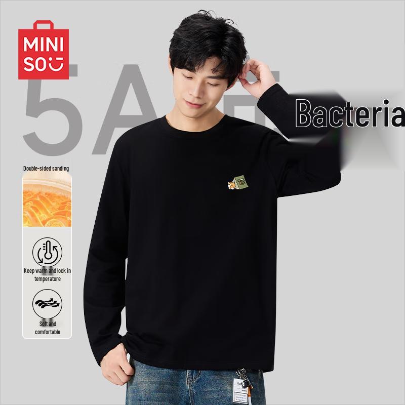 MINISO Мужская футболка с плюшевой подкладкой, круглым вырезом и длинным рукавом
