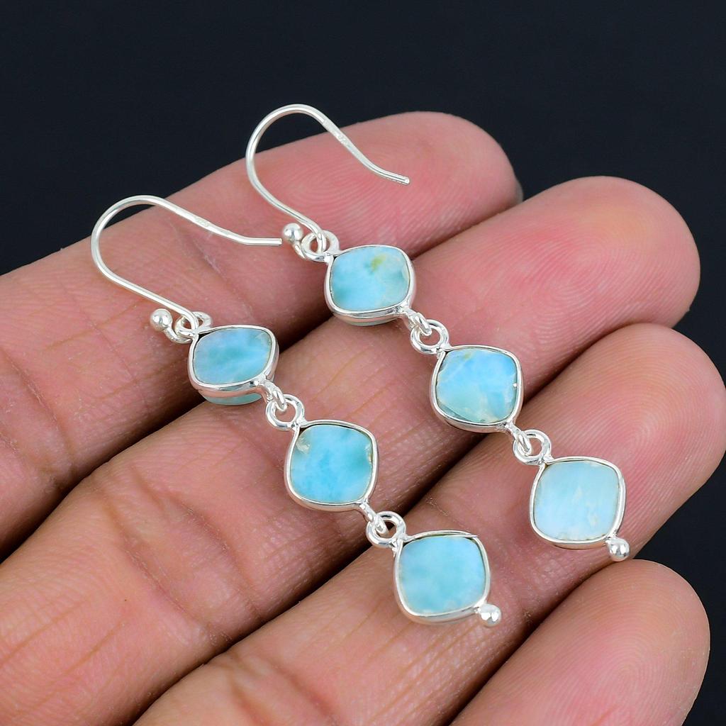 Серьги из натурального камня ларимар, твердое серебро 925 пробы, ювелирные изделия ручной работы, висячие серьги, подарок на День святого Валентина