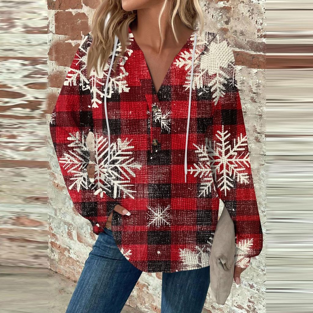 Женский повседневный топ с длинными рукавами, пуговицами, V-образным вырезом, рождественским принтом, завязками и капюшоном