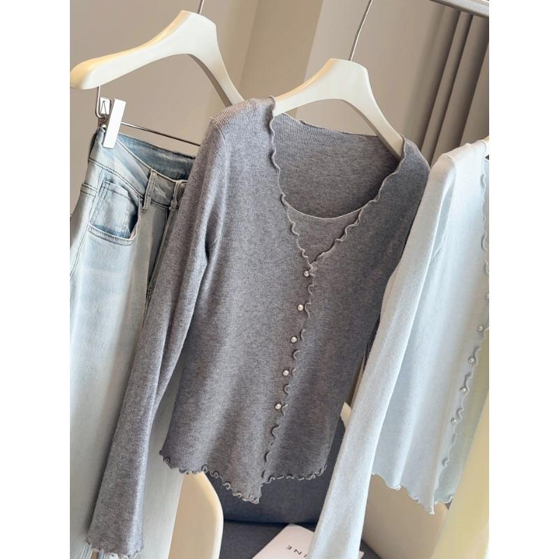 Осень Зима Поддельный Двойной Сплошной Цвет Пуловер Свитер Женский Повседневный Модный Все-сочетающийся Вязаный Топ