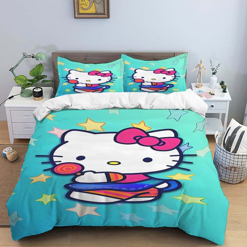 This adorable Hello Kitty printed cartoon duvet cover bedding set is a cute anime-themed home decor item suitable for both child