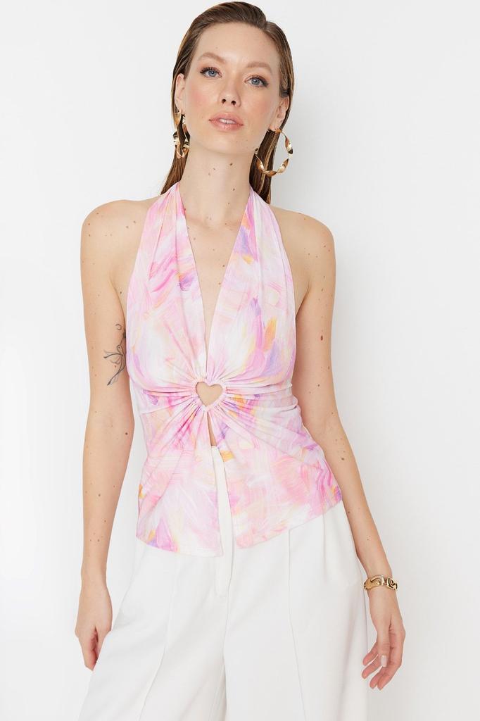 Women's Style Blouse Window Cut Out Detailed Printed Blouse with Multi-Colored Knitted Accessories