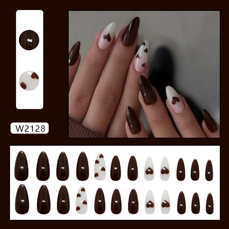 Tea brown love temperament white fashion ins wind removable wear armor 24 pieces press on nails