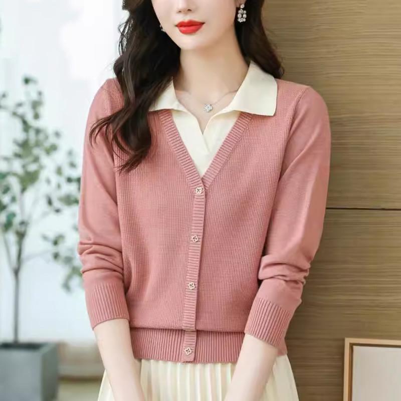 2024 осенне-зимний праздничный свитер из двух частей, женский пуловер, осенний новый стиль, модная трикотажная нижняя рубашка с лацканами, мода