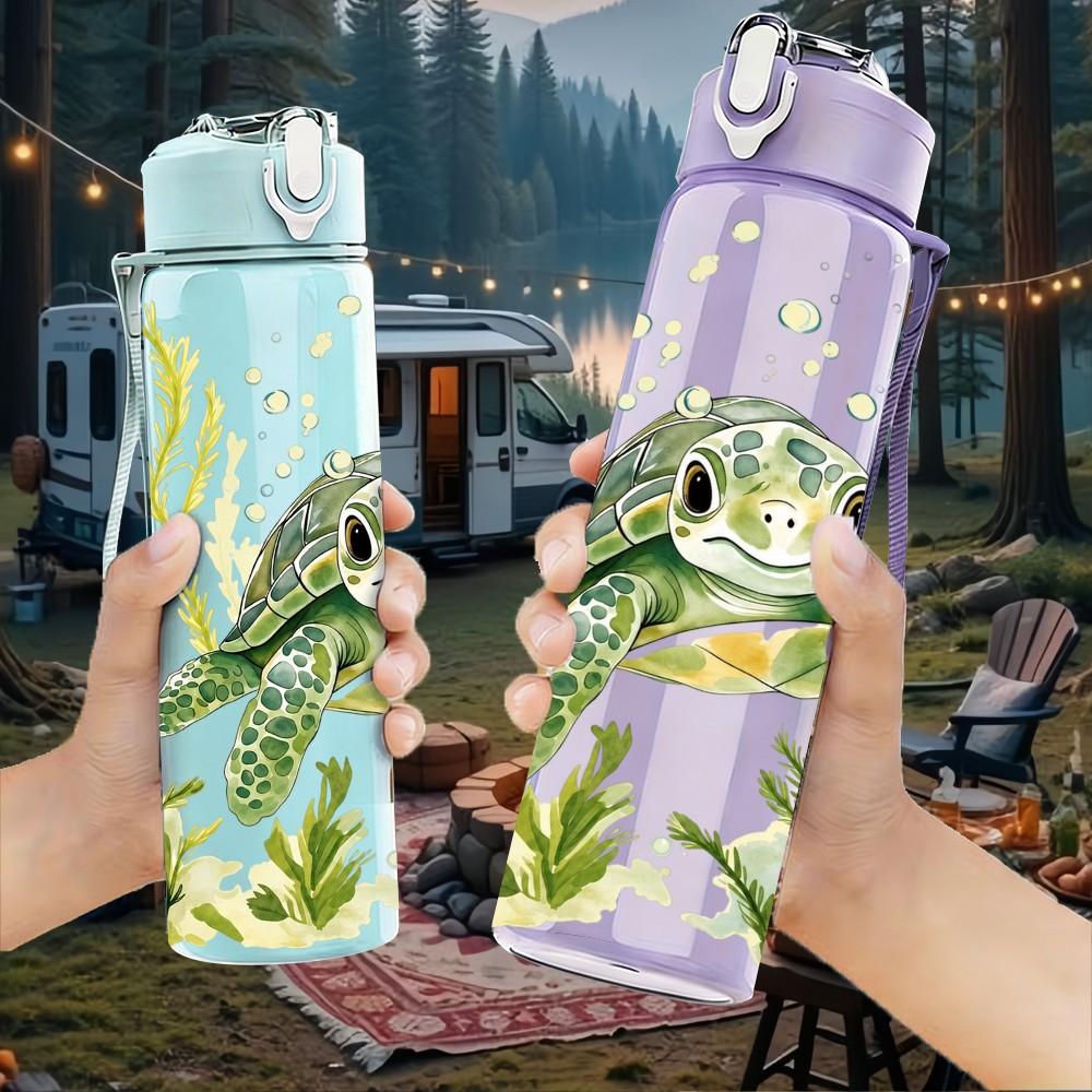 1PC Sea Turtle Underwater Animal Pattern 750ml Color Plastic Sports Water Bottle Leakproof Flip Straw Lid Suitable for Sports Office Home Use