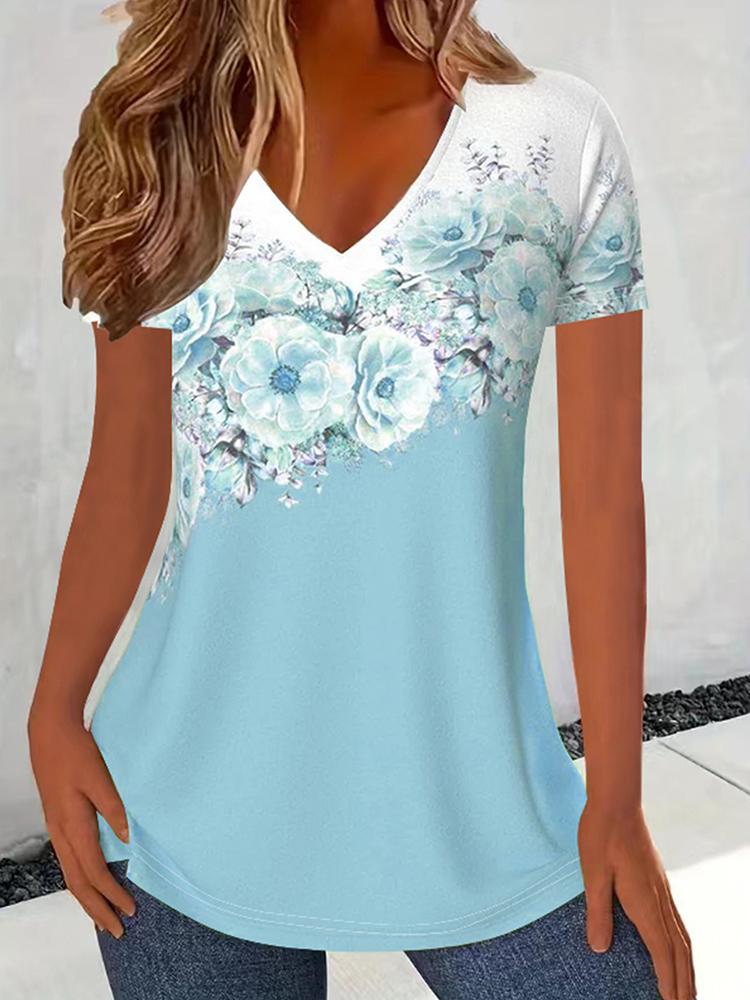 Fashion Women's Short Sleeved Floral Print T-Shirt Top V Neck Color Blocking Casual Commuter TShirt