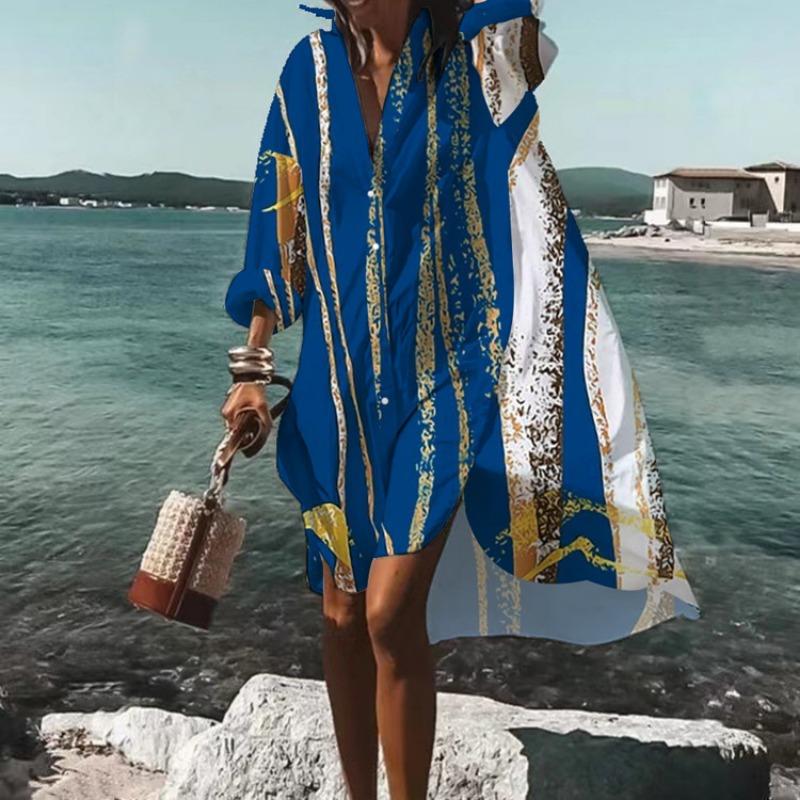 Летнее повседневное женское платье с принтом, свободное, большого размера, с длинным рукавом, А-силуэта, вечернее платье-рубашка, элегантная модная праздничная женская одежда 3391