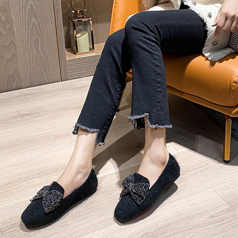 Модные зимние туфли с хрустальным бантом, женские пушистые балетки из кроличьего меха, женские теплые плюшевые лоферы с подкладкой из кашемира, мокасины, пушистые шерстяные туфли