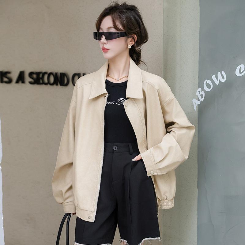 Black Leather Jacket Women's Autumn New Retro Loose Maillard Style Motorcycle Pu Leather Jacket Top