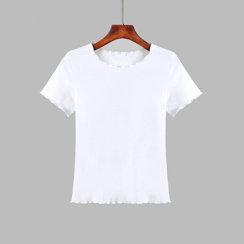 Летняя футболка с оборками, женские хлопковые повседневные однотонные топы с короткими рукавами, футболки