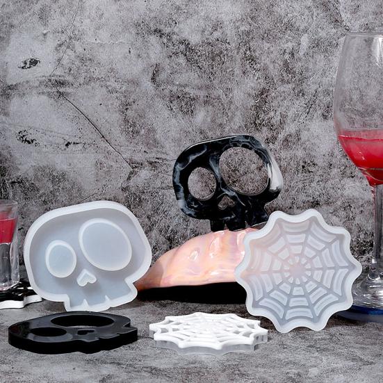 Halloween Coaster Resin Mold Skull Spider Web Tombstone Shape DIY Craft Epoxy Resin Casting Silicone Candle Cup Holder Candle Mould