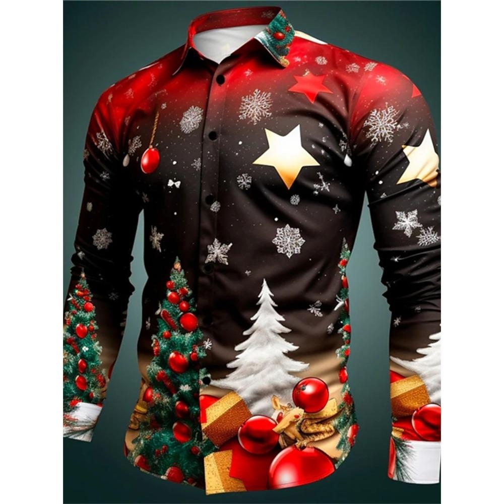 Men Button‑up Long Sleeve Shirt Festive Christmas‑snow‑village Art Motif Turn‑down Collar Year‑end Theme‑party Gathering Outfit