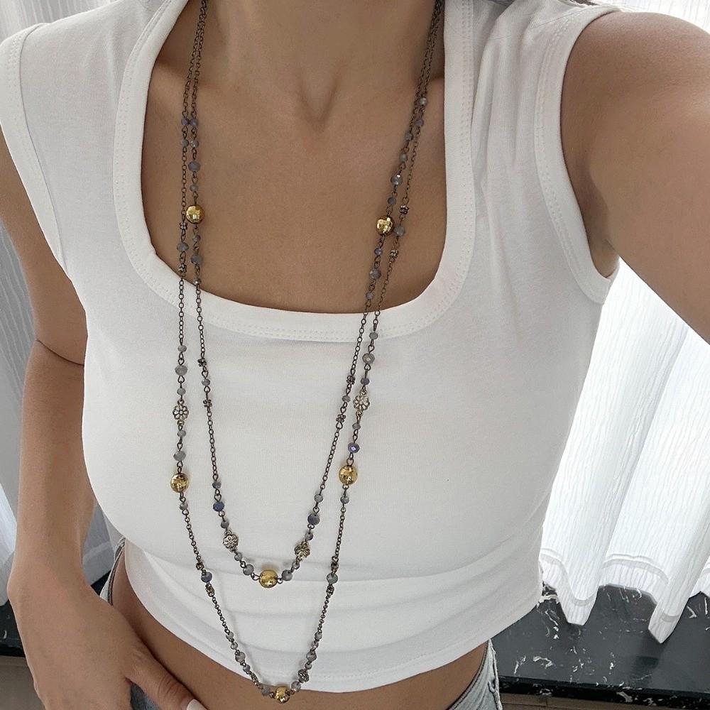 2Pcs/Set Long Chain Long Chain Necklace Pearl Design Layered Necklace Sweater Chain Women Fashion