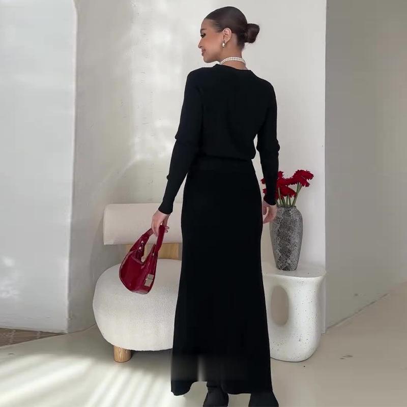 2024 Осень Женский Однотонный Приталенный Вязаный Топ и Юбка Комплект