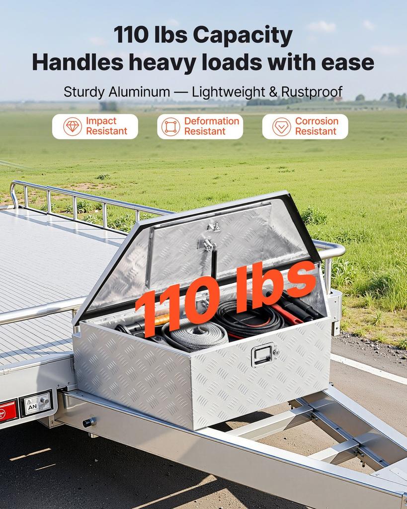 Trailer Tongue Box, 990 x 419 x 305 mm Aluminum Trailer Tongue Tool Box, Heavy Duty Storage Organizer with Lock & Keys, Utility Tool Chest for Pickup