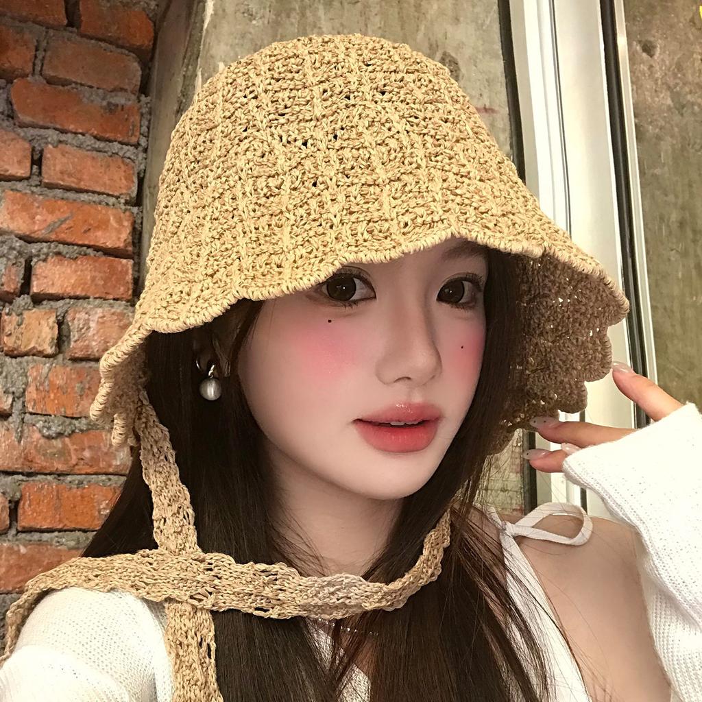 Spring and summer new hollow knitted fisherman hat children show face small straps sunshade sunscreen basin hat