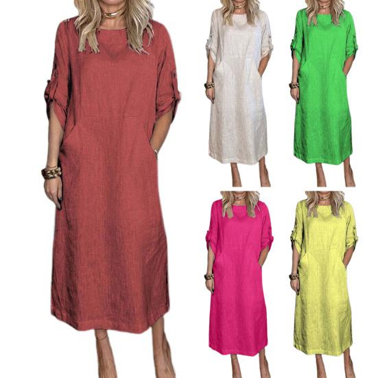 Fall Spring Women Dress Short Sleeve with Cufflink Round Neck Solid Color Loose Big Pocket Commute Daily Wear Midi Dress