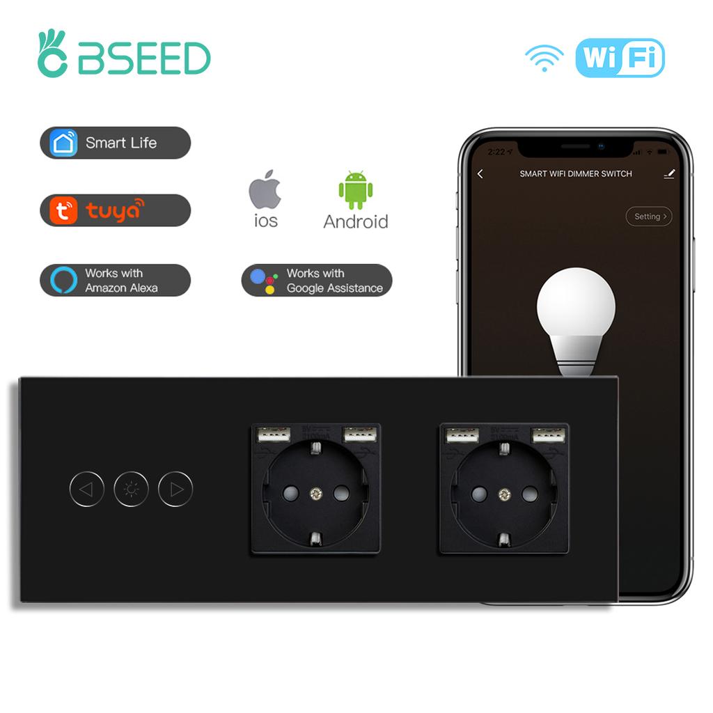 BSEED Wifi Smart Dimmer Switches Tuya Smart Life Goolgle Home Control Plus Normal Type-c USB EU Socket Glass Panel Black