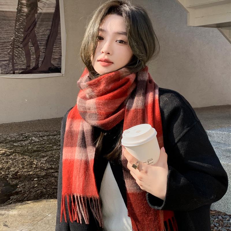 Pink Pure Wool Scarf Women's Winter New Atmosphere Plaid Cashmere Scarf for Girlfriend's Birthday Gift