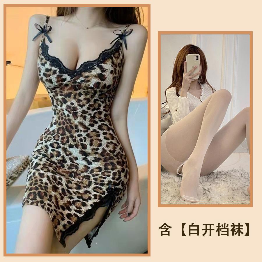 Sexy lingerie sexy leopard print suspender nightgown passion seduction lace bed flirting tease hollow suit