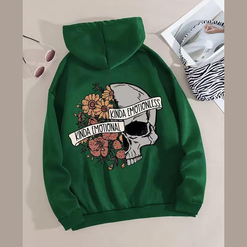 Ladies Spring Autumn Casual Hooded Long Sleeve Big Pocket Halloween Skull Flower Printed Pullover Hoodies Sweatshirt Top