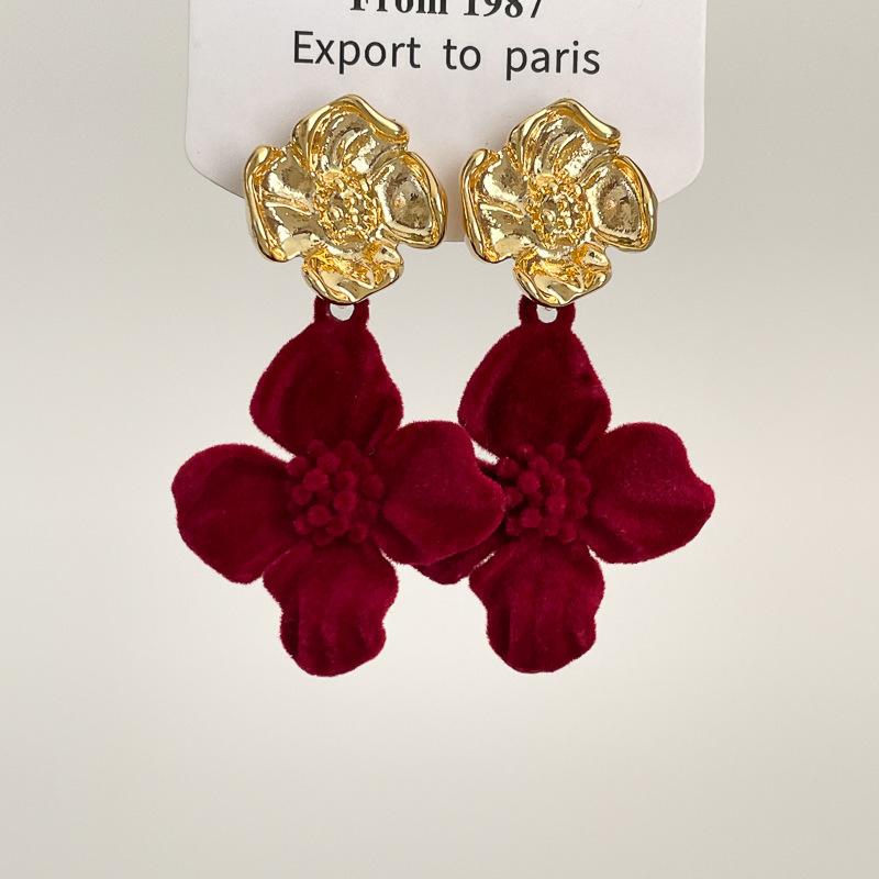 Red Velvet Flower Earrings Women Retro Light Luxury Niche High-end Temperament Ear Jewelry Gift