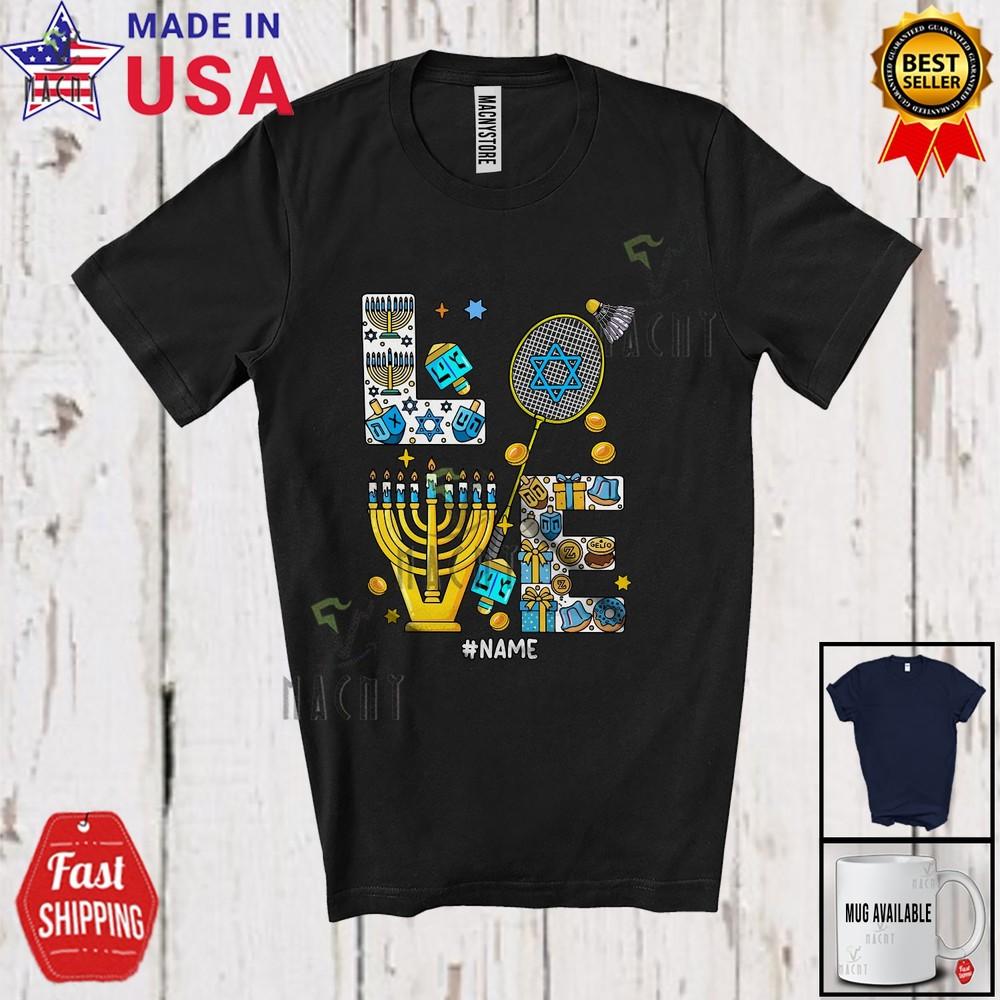Custom Name LOVE Lovely Hanukkah Menorah Badminton Player Sport Playing Shirt