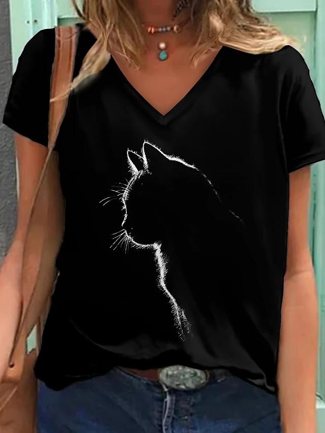 Fashion Spring Black Cat Print Blouses Short Sleeved V-Neck T Shirts Casual