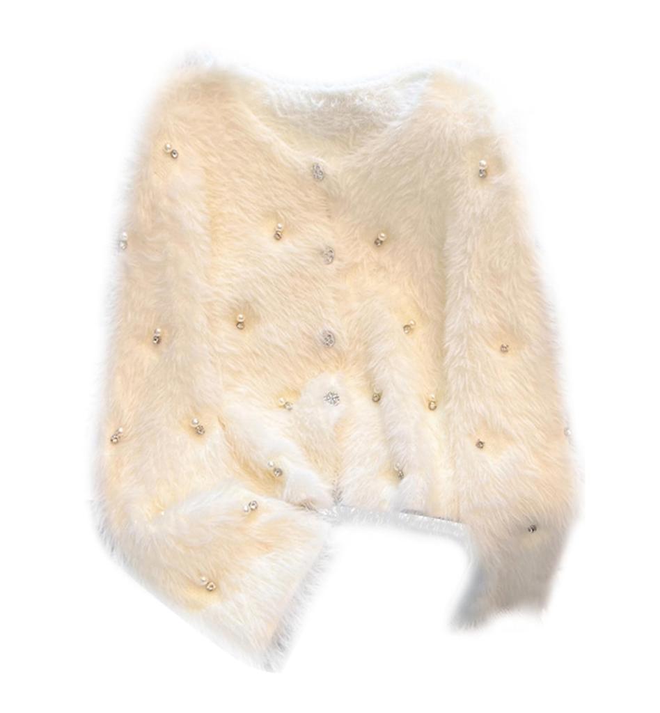 JIYUTOR Вязаный Кардиган с Мехом и Пушистым Длинноворсовым Мехом Свободного Покроя Идеально Подходит для Официальных Свадеб Женские Жемчуг, Пальто, Пуговицы с V-образным Вырезом, Посадка, (Свободный размер,