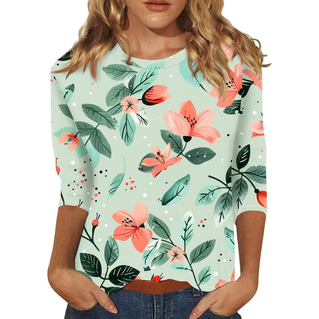 Women's Floral Print Round Neck Top With Three Quarter Sleeves T-Shirt Three Quarter Sleeves T-Shirt